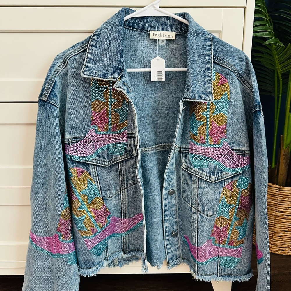 NWT Peach Love California Denim Rhinestone Boot Jacket